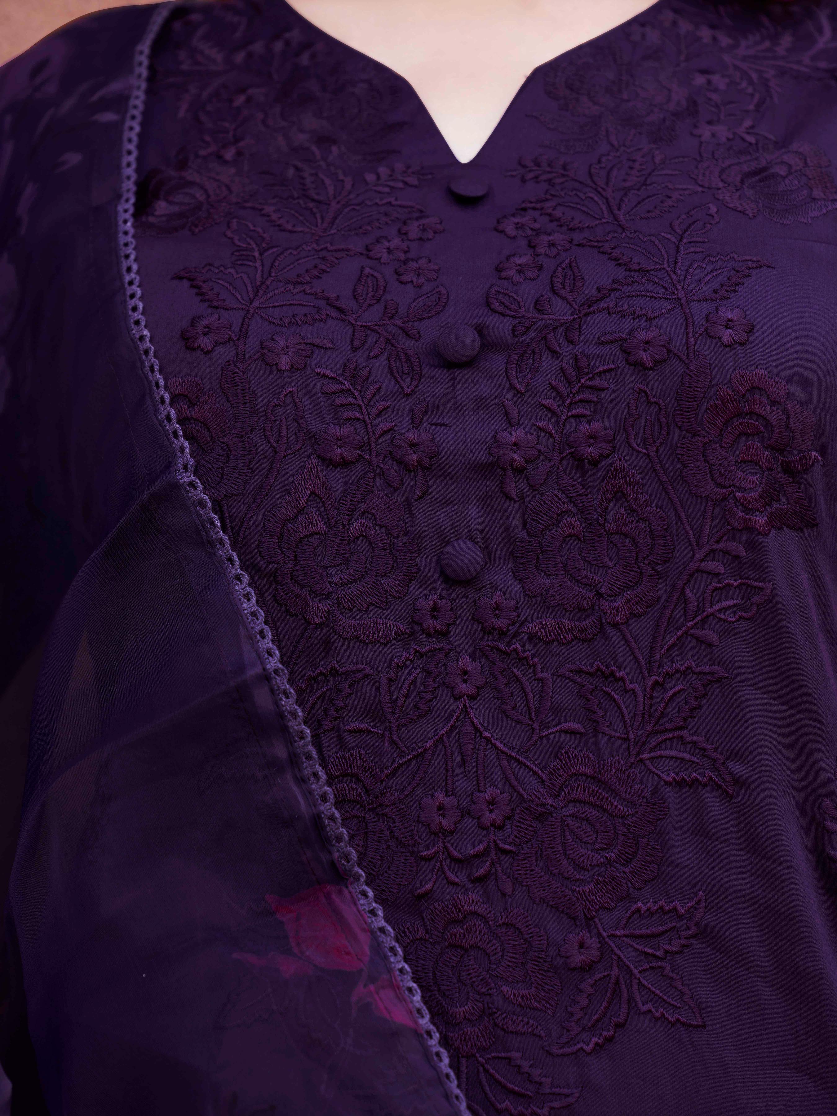 Dark Purple Cotton Blend With Tonal Thread Embroidered Kurta Set